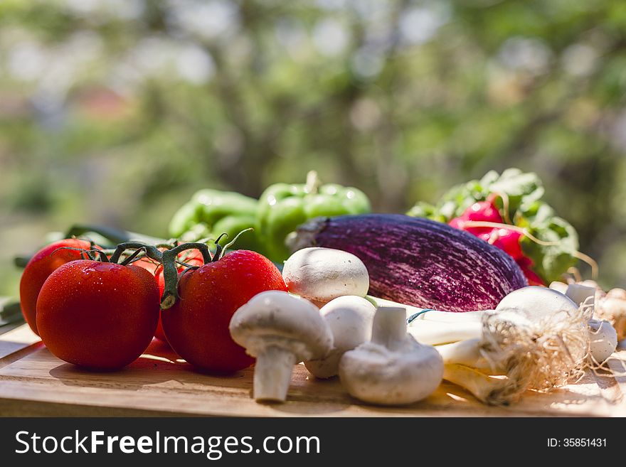 Fresh Vegetables On Wooden Chopping Board