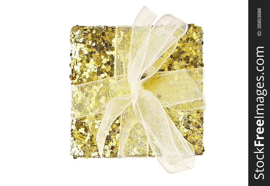 Top view of gold glitter gift box on white background. Top view of gold glitter gift box on white background