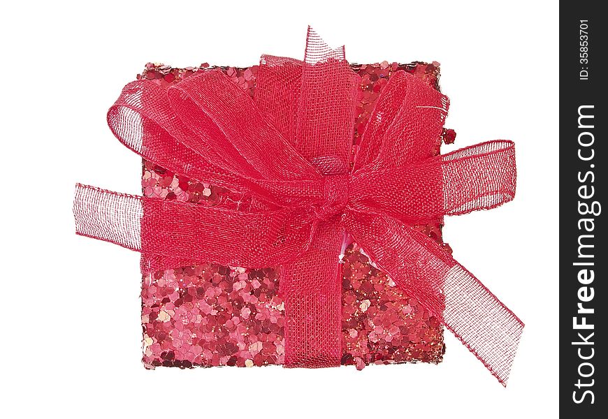Top view of red glitter gift box on white background. Top view of red glitter gift box on white background