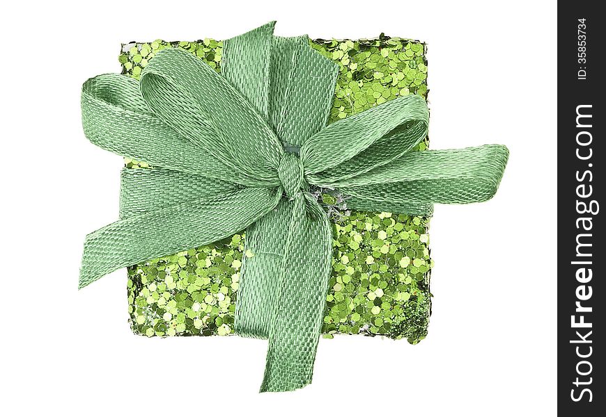 Top view of green glitter gift box on white background. Top view of green glitter gift box on white background