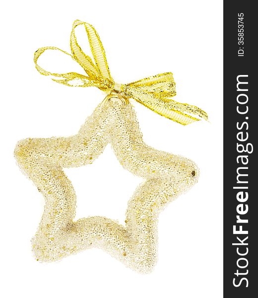 Ornament gold star with ribbon on white background