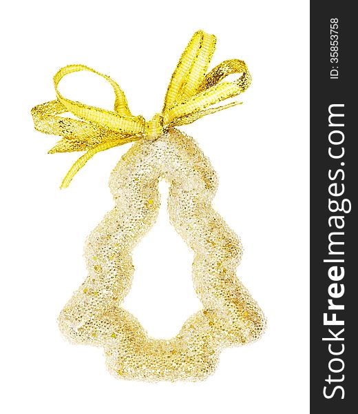 Ornament gold christmas tree with ribbon on white background