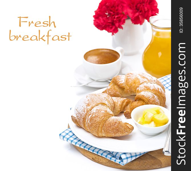 Breakfast - croissants with butter, espresso and orange juice, isolated on white