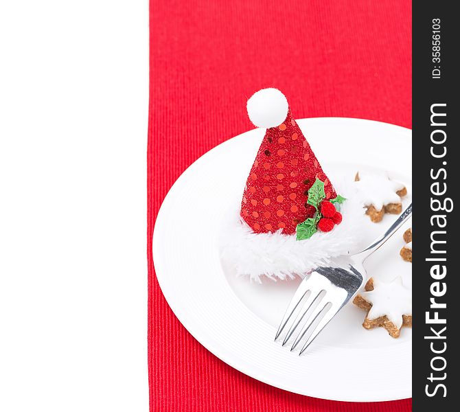 Christmas Table Setting On A Red Napkin, Isolated