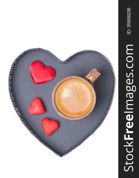 Cup Of Coffee And Candy On A Tray In The Form Of Heart, Isolated