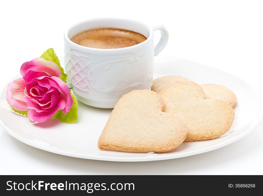Cup of coffee, cookies and flower Valentine's Day, close-up, horizontal. Cup of coffee, cookies and flower Valentine's Day, close-up, horizontal