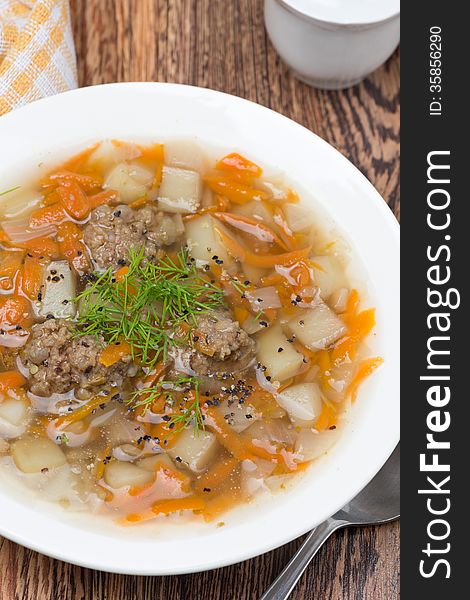 Delicious vegetable soup with meatballs, vertical