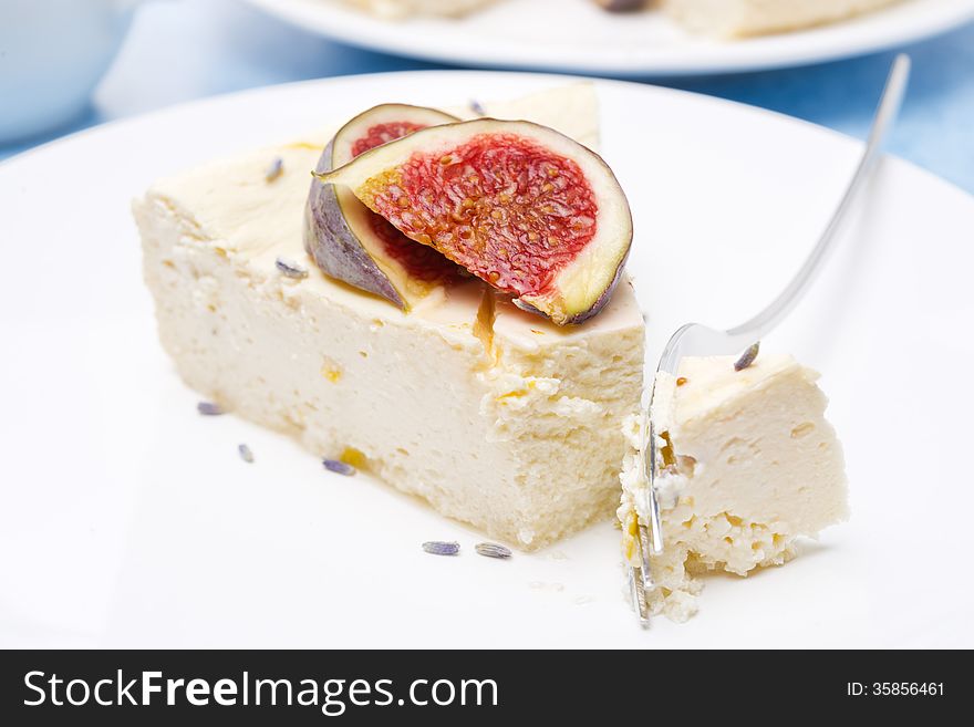 Piese Of Cheesecake With Honey And Lavender And Fresh Figs