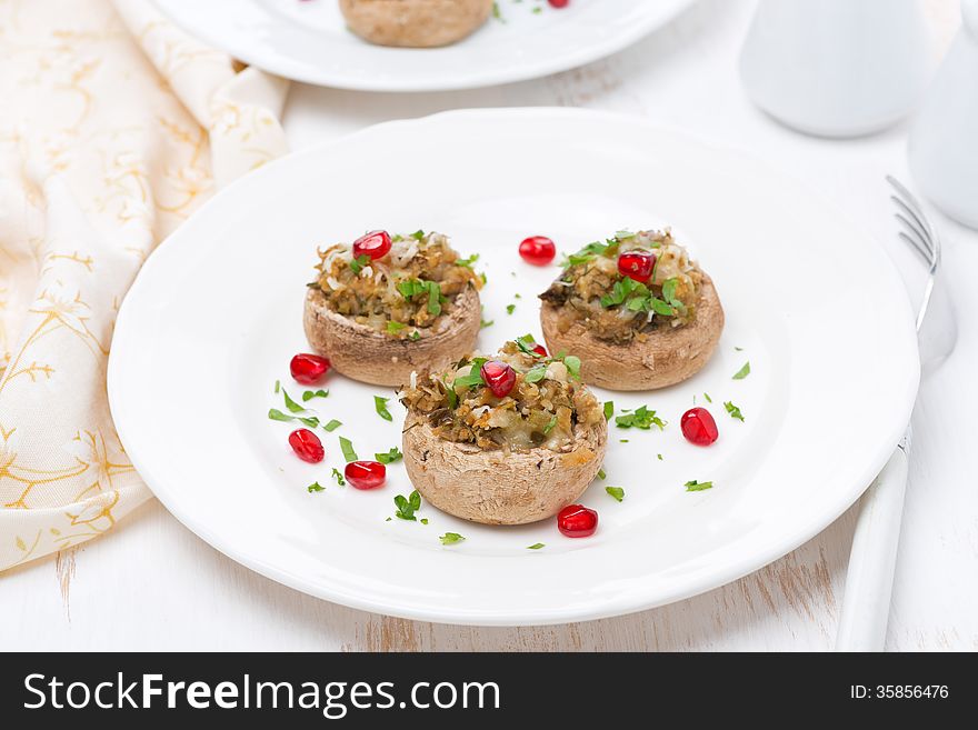 Stuffed Mushrooms With Herbs And Pomegranate Seeds, Top View