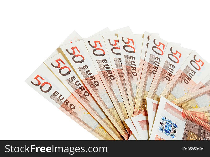 European Union currency bank notes as fan on white background. Clipping path is included