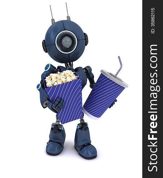 3D Render of an Android with popcorn and soda