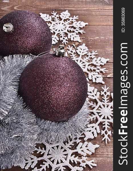 Christmas Balls  On Wooden Background