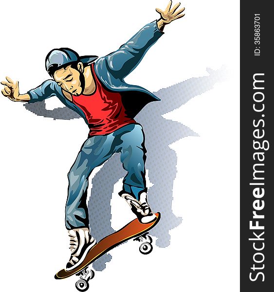 Illustration with young man on the skateboard drawn in sketch style. Illustration with young man on the skateboard drawn in sketch style