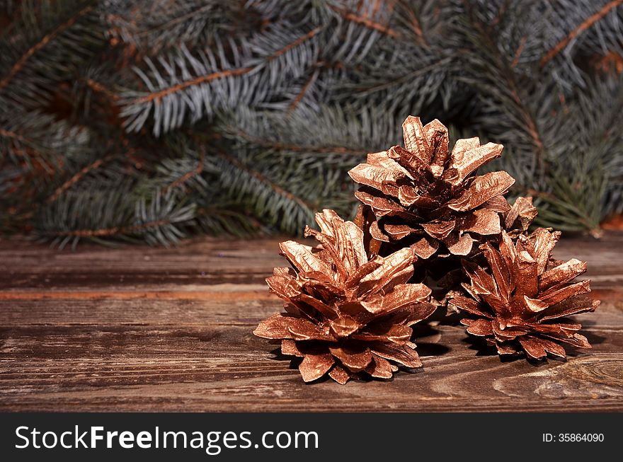 New Year`s composition of a pine cones