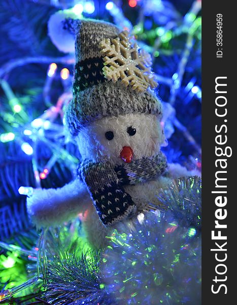 New Year`s Composition Of A Snowman And Lights