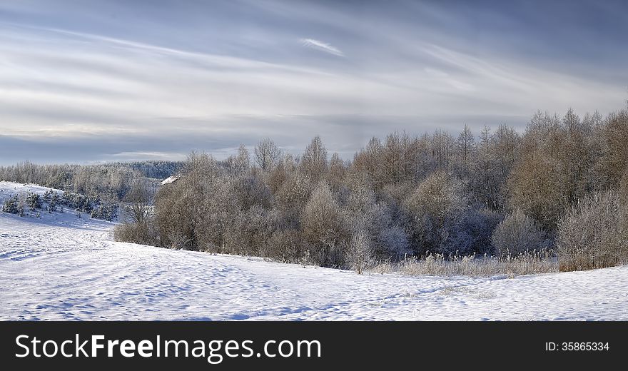 Beautiful rural landscape in snow. This photo is composed from 5 separate shots