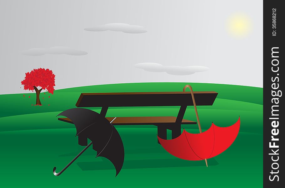Landscape. Couple of umbrellas for men and women near the bench overlooking the mountains and the sky