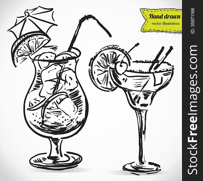 Hand drawn illustration of cocktail.. Vector collection in sketch.