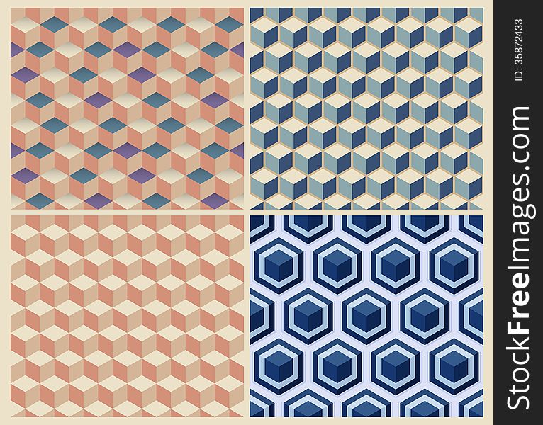 Seamless geometric cube background set. Patterns