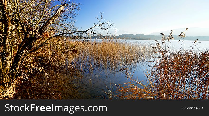 Lake Staffel (Staffelsee) is one of the Bavarian lakes in the foothills of the Alps. The picture was taken on a late December afternoon.