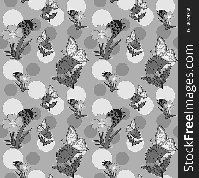 Seamless pattern with flowers and butterfly on background, grayscale vector illustration. Seamless pattern with flowers and butterfly on background, grayscale vector illustration