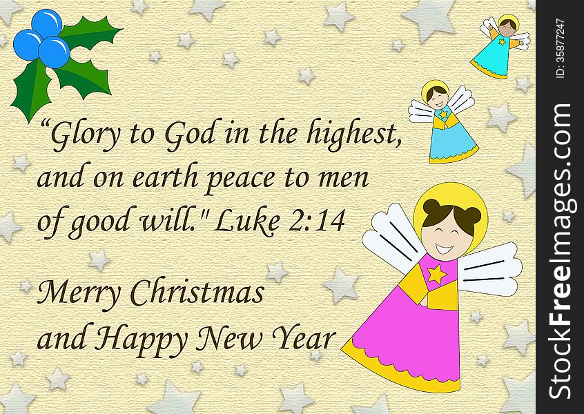 Image created by light beige textured background with transparent blue stars, blue flower Christmas angels. Accompanied by biblical text, Merry Christmas and Happy New Year. Image created by light beige textured background with transparent blue stars, blue flower Christmas angels. Accompanied by biblical text, Merry Christmas and Happy New Year.