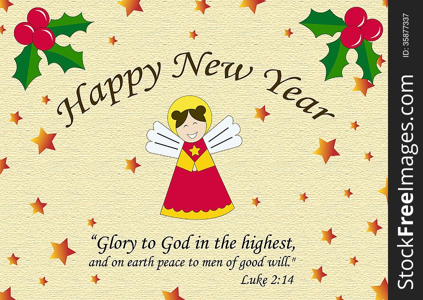 Image created by light beige textured background with star, angel. Accompanied Bible and Happy New Year text. Image created by light beige textured background with star, angel. Accompanied Bible and Happy New Year text.