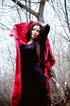 Woman In Black Dress With Red Fabric In Cold Dark Forest Royalty Free Stock Photo Woman In Black Dress With Red Fabric In Cold Dark Forest Royalty Free Stock Photo