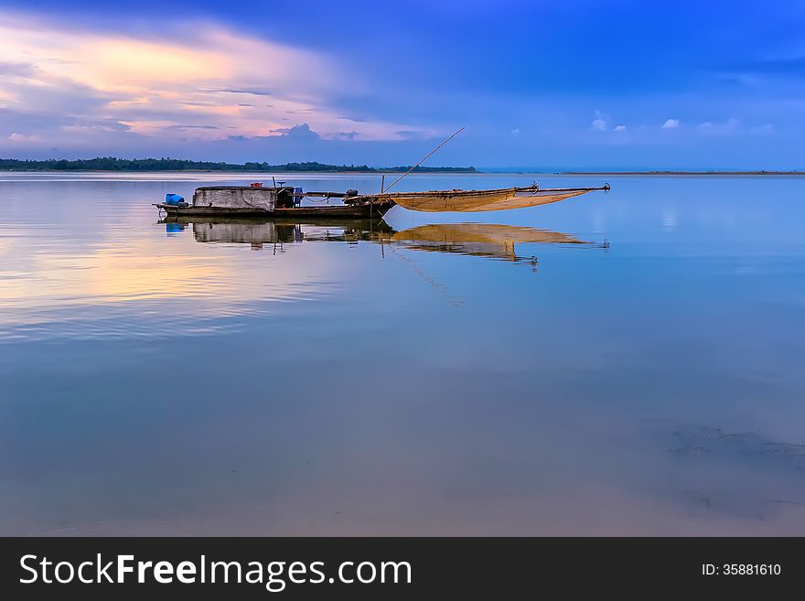 Fishing boat on the lake in Vietnam