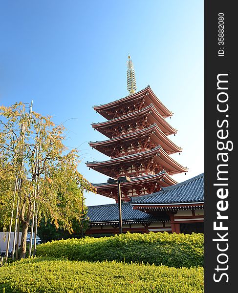 Five-storey pagoda at Sensoji Temple in Tokyo, Japan.