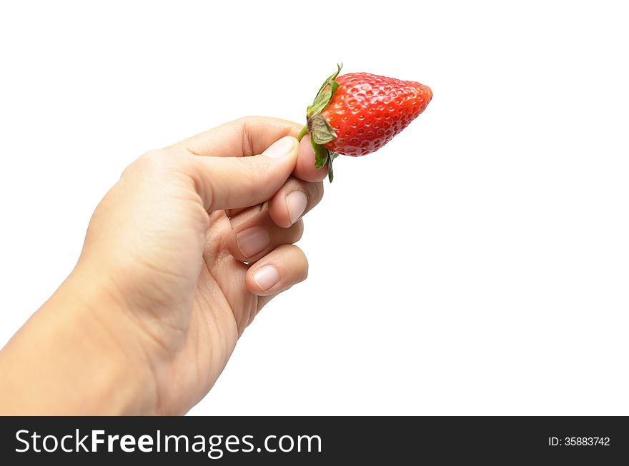 Strawberry in hand on white background