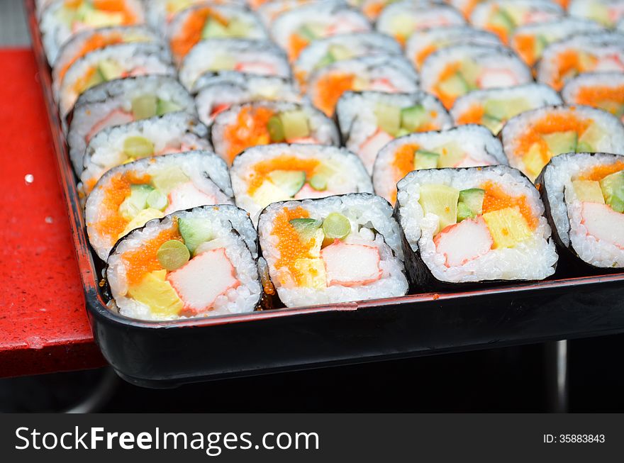 Roll set served on a plate close-up