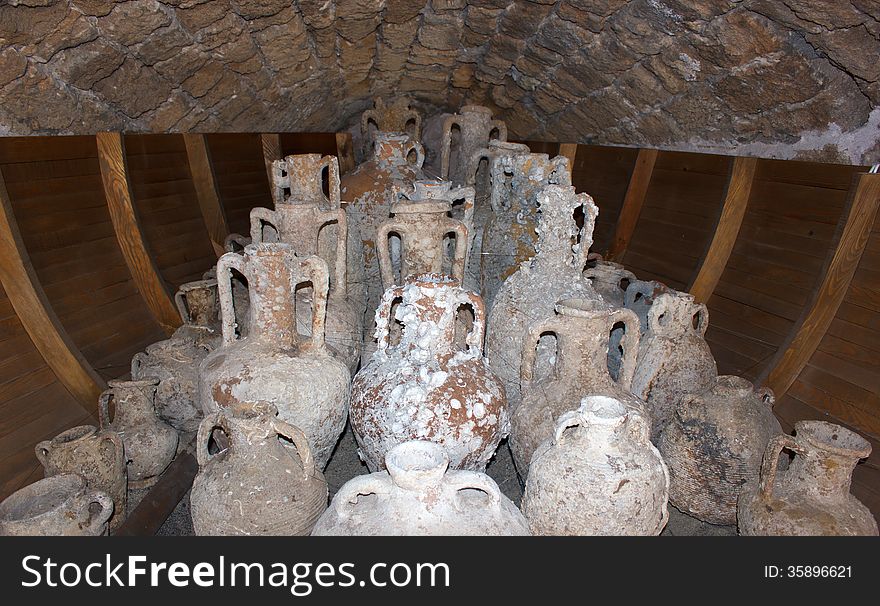 Ancient amphoras in fortress-museum in Marmaris, Turkey