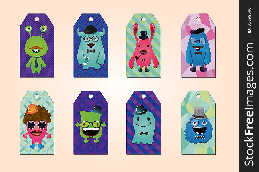 Tags collection with hipster monsters, geometric patterns