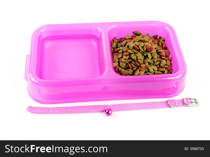Bowl of pet food and water with collar isolated on a white background.