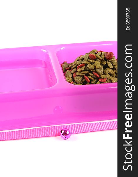 Bowl of pet food and water isolated on a white background.