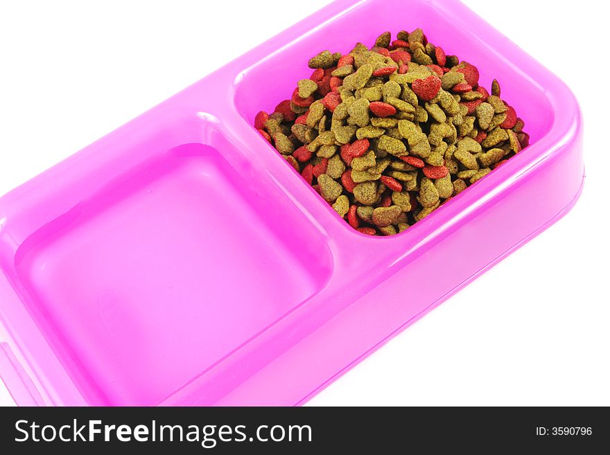 Bowl of pet food and water isolated on a white background. Bowl of pet food and water isolated on a white background.