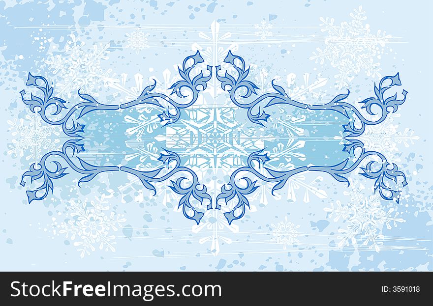 Blue vintage frame, grunge floral background and snowflakes. Blue vintage frame, grunge floral background and snowflakes