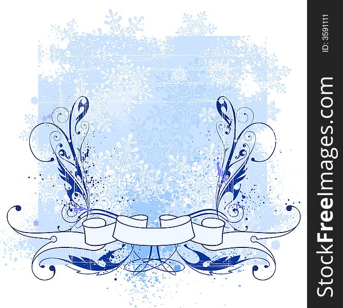 Floral patterns on grunge blue background and snowflakes. Floral patterns on grunge blue background and snowflakes