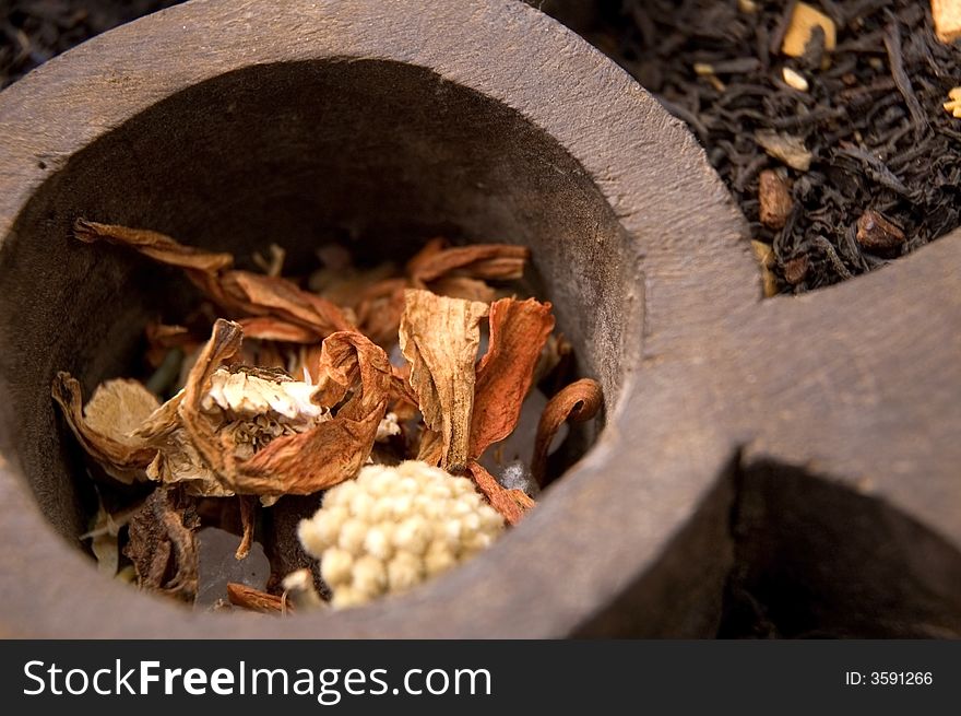 Wooden box of tea leaves - orange, jasmine, fruit and flower. Wooden box of tea leaves - orange, jasmine, fruit and flower