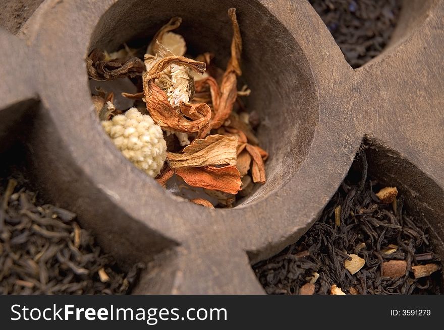 Wooden box of tea leaves - orange, jasmine, fruit and flower. Wooden box of tea leaves - orange, jasmine, fruit and flower