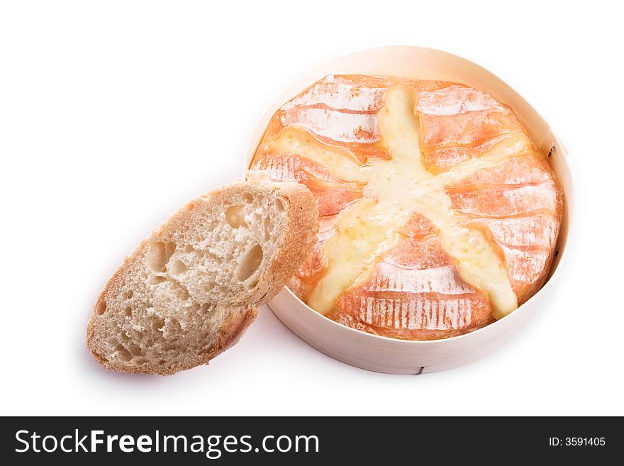 Backed camembert cheese with french baguette. Object isolated on white background. Backed camembert cheese with french baguette. Object isolated on white background.