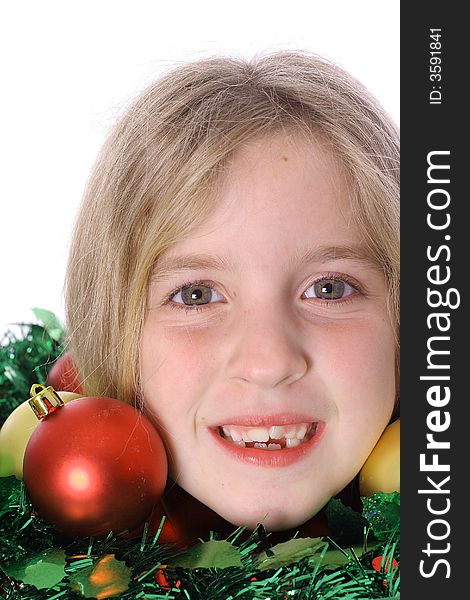 Shot of a childs head with ornaments