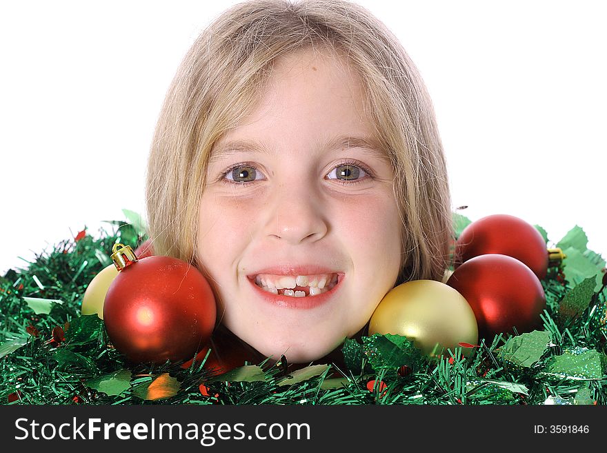 Shot of a childs head with ornaments