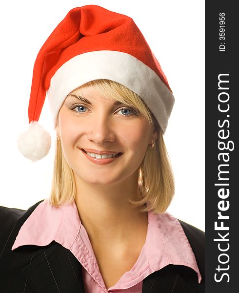 Young beautiful business woman in Christmas hat