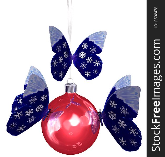 Butterflies snowflake butterfly wings swarm to decorate a shiny red Christmas ornament. 3D illustration. Butterflies snowflake butterfly wings swarm to decorate a shiny red Christmas ornament. 3D illustration.