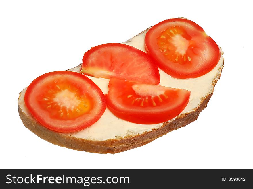 Sandwich with butter and tomatoes isolated on white background