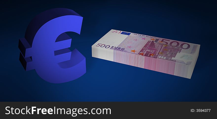 Five hundred EURO stack with EURO symbol on blue floor
