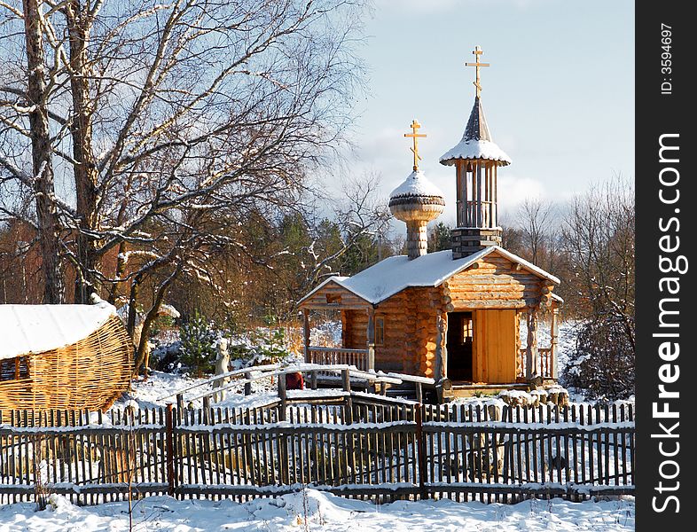 Wooden orthodox church in winter