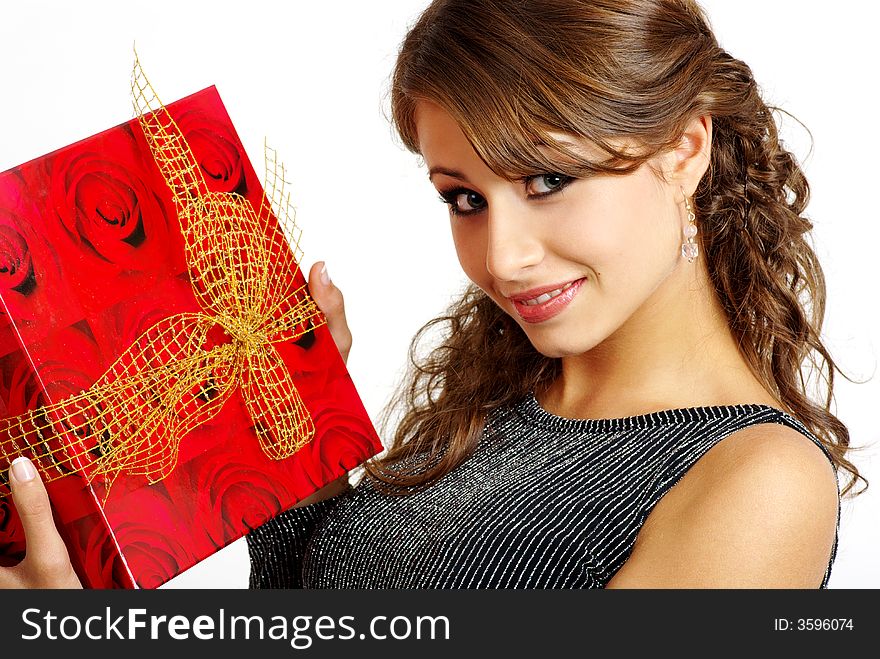 Portrait of Beautiful woman with red boxed gift